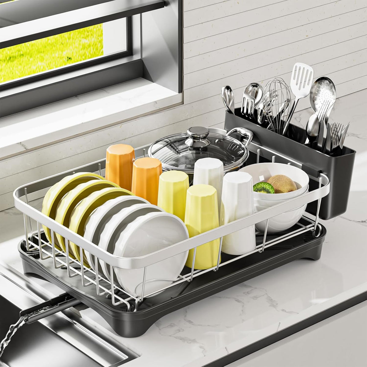 Stainless Steel Dish Drying Rack – 304 Grade Dish Racks for Kitchen Counter with Utensil Holder & Adjustable Spout, Space-Saving Organizer, 16.5" x 11.8" x 5.3" Black