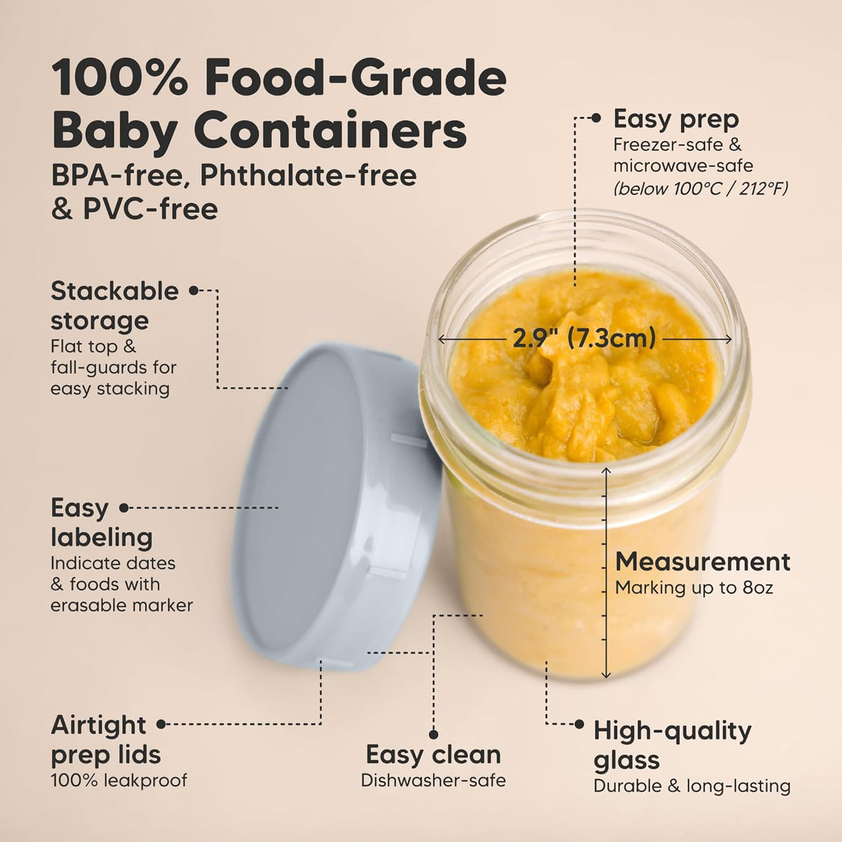 KeaBabies 4pk 8oz Glass Baby Food Containers with Lids - Leak-Proof, Microwavable Small Glass Jars, Baby Purees & Toddler Snack Storage Containers, BPA-Free, Dishwasher & Freezer Safe (Slate)