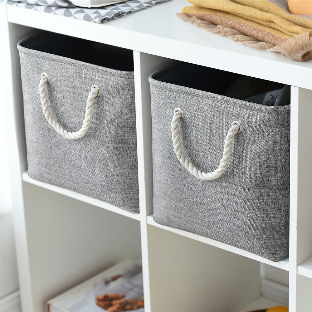 Storage Basket for Shelves - 17X15X12 inch 2 Pack Collapsible Storage Bin with Rope, Canvas Fabric Storage Cubes for Cloth Decorative Books Nursery (Grey)