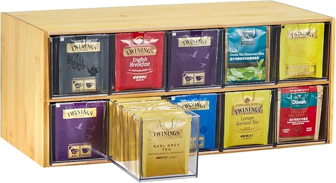 TIMIEEYA Tea Bag Organizer - Bamboo Tea Storage Organizer With Drawer 2 Layer, Tea Organizer for Tea Bags Natural Wood & Acrylic for Countertop Office Kitchen Cabinet Pantry