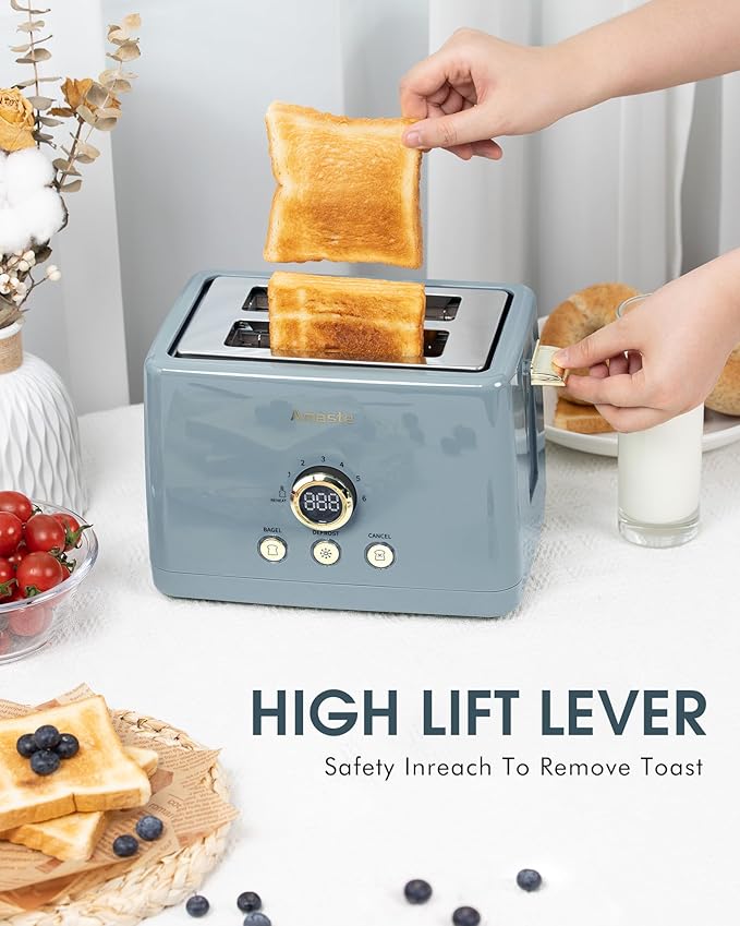 2 Slice Toaster, Retro Bread Toaster with LED Digital Countdown Timer, Extra Wide Slots Toasters with 6 Bread Shade Settings, Bagel, Defrost Function, High Lift Lever, Removal Crumb Tray, Ash Blue