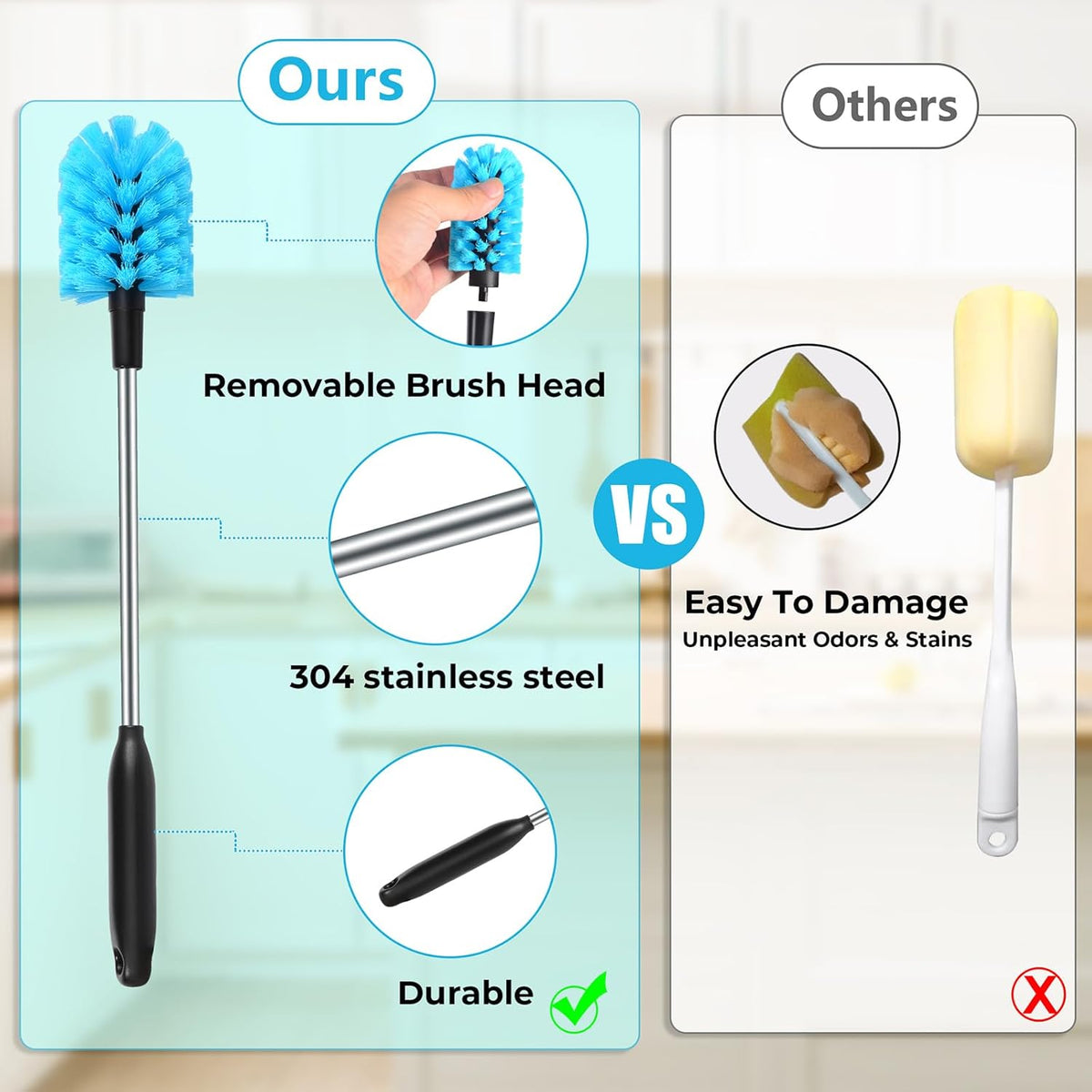 2-in-1 Stainless Steel Long Handled Water Bottle Brush, Multi-Purpose Bottle Scrubbing Brush, Soft Bottle Brush, Glassware Brush, Water Bottle Cleaner with Removable and Replaceable Brush Heads 15 in