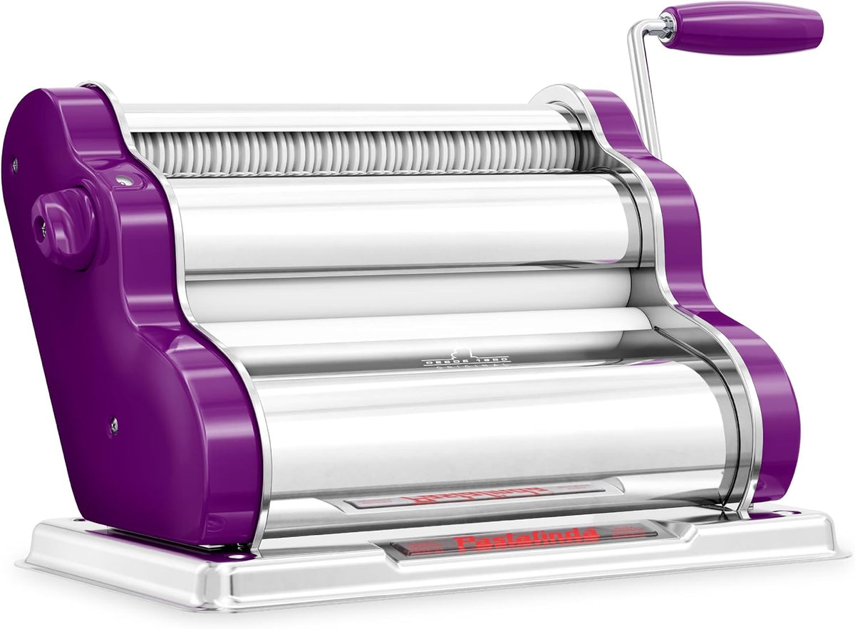 PASTALINDA Classic 260 Pasta Maker Machine, 26 cm Wide Rollers, 9 Thickness Positions, 2 Cutting Positions, Stainless Steel. Includes Reinforced Hand Crank And Two Clamps (Violet)