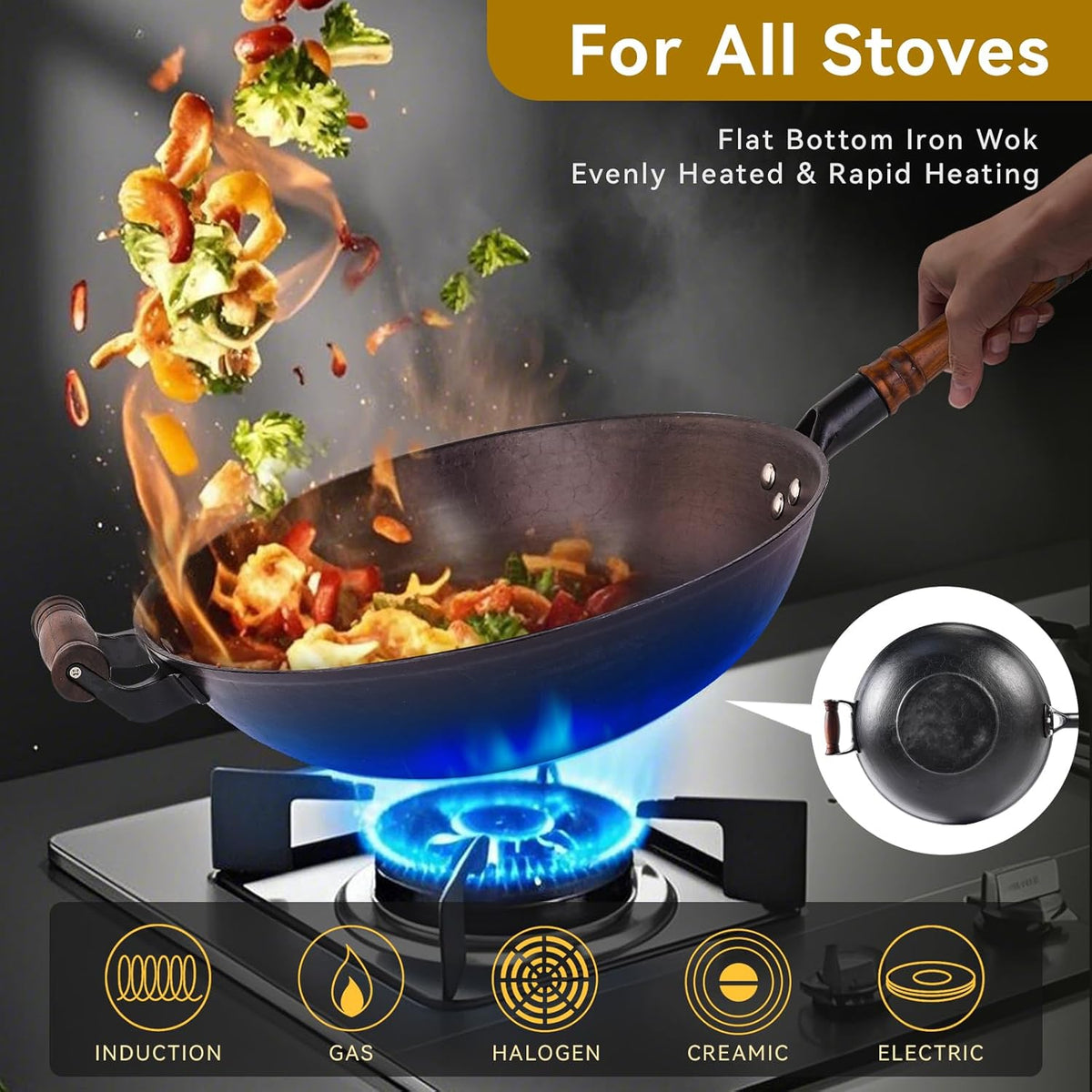 WANGYUANJI 12.6 Inch Cast Iron Wok with Glass Lid – Flat Bottom Stir Fry Pan,Handcrafted Iron Cookware for Induction, Gas & Electric Stoves, Black