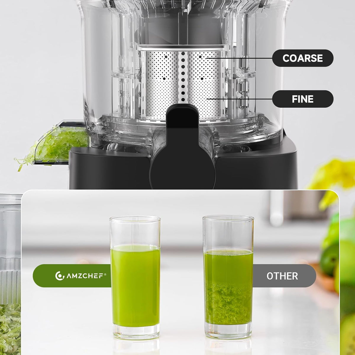 AMZCHEF Cold Press Juicer, Juicer Machines - 4.6" Large Feed Chute for Whole Fruits & Vegetables, Stainless Steel Slow Masticating Juicer Easy to Clean, Large Auger, Double Strainers, Silver