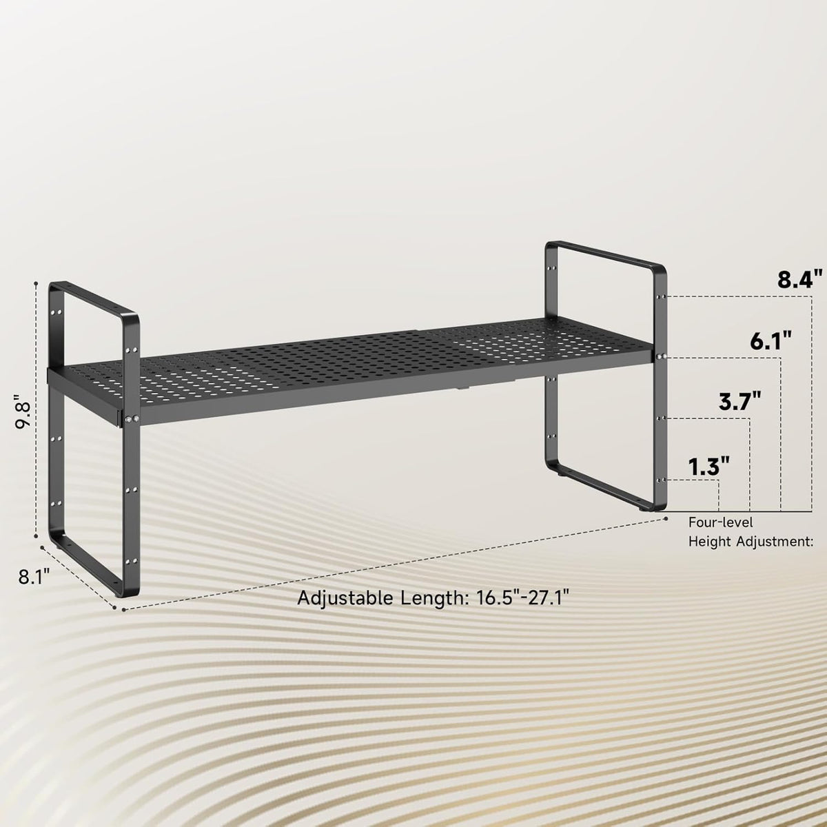 Hole Pattern Expandable Shelf Organizer,2Pack 8.1" Wide Easy to Assemble Cabinet Organizer Shelf, 16.5~27.1" Adjustable Height&Stackable Spice Organization for Cupboard, Black