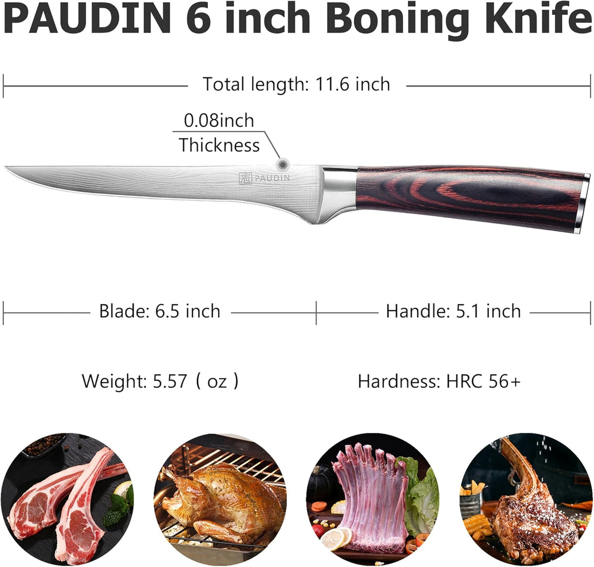 PAUDIN Boning Knife 6 Inch, Super Sharp Fillet Knife, German High Carbon Stainless Steel Deboning Knives, Professional Boning Knives for Meat Poultry Chicken, Pakkawood Handle with Gift Box