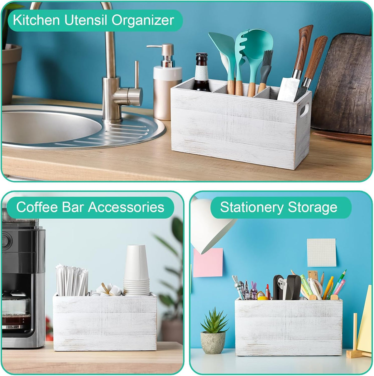 ALELION Rustic White Utensil Holder with Removable Divider - 3 Compartment Wooden Utensil Caddy Organizer for Kitchen Counter - Cooking Utensil Crock for Countertop