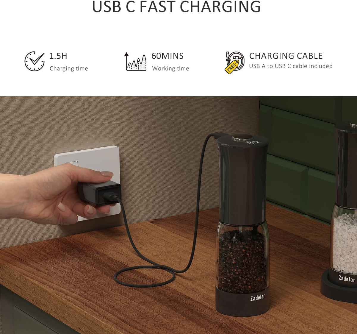 Electric Salt and Pepper Grinder Shakers Set with LED Power Display-Rechargeable-No Battery Needed-Automatic Salt Pepper Mill Grinder,LED Adjustable Coarseness,LED Light,One-Hand Operation