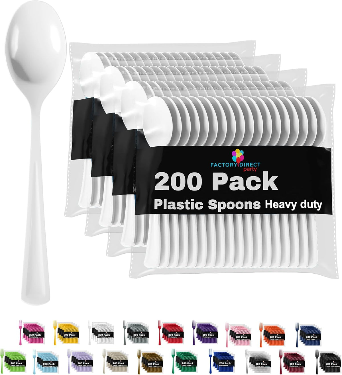 Party Solids 200 Pcs Heavy Duty Plastic Cutlery - White Disposable Flatware, Plastic Spoons