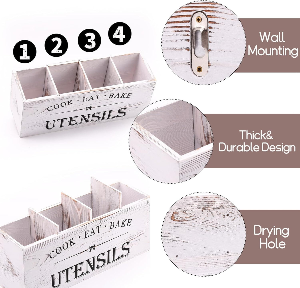 Kitchen Utensil Holder for Counter or Countertop, Extra Large Wood Organizer with 4 Compartments, Wooden Storage for Cooking and Silverware, Rustic Minimalist Decor, Sturdy Utensil Crock-White