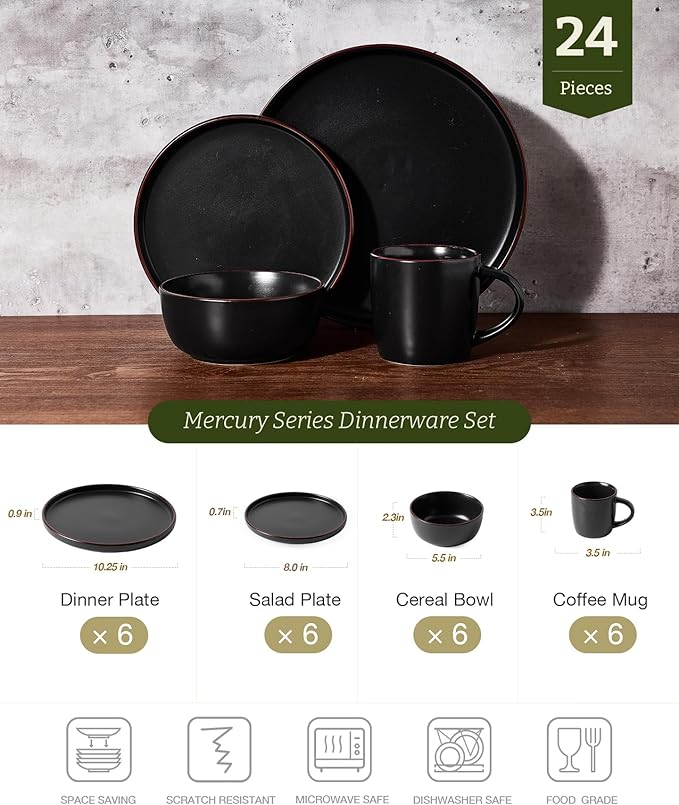 Famiware Mercury Dinnerware Sets with Mugs, Service for 6 (24 Pieces), Stoneware Plates and Bowls Sets, Microwave and Dishwasher Safe Dishes Set, Matte Black
