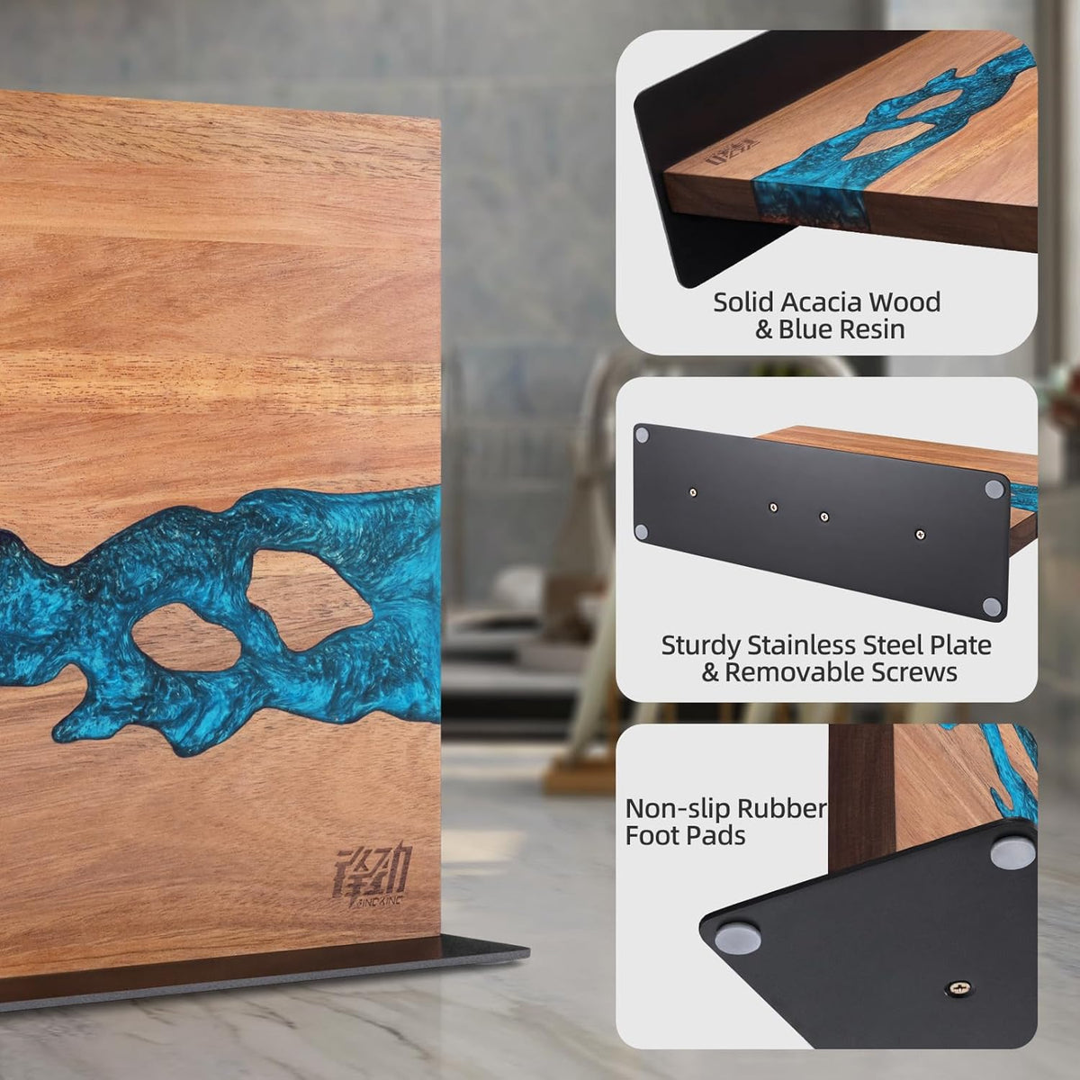 FINDKING Magnetic Knife Block, Double Sided Holder, Powerful Magnet Kitchen Storage, Acacia Wood and Blue Resin (12 x 10 Inches, Without Knives)