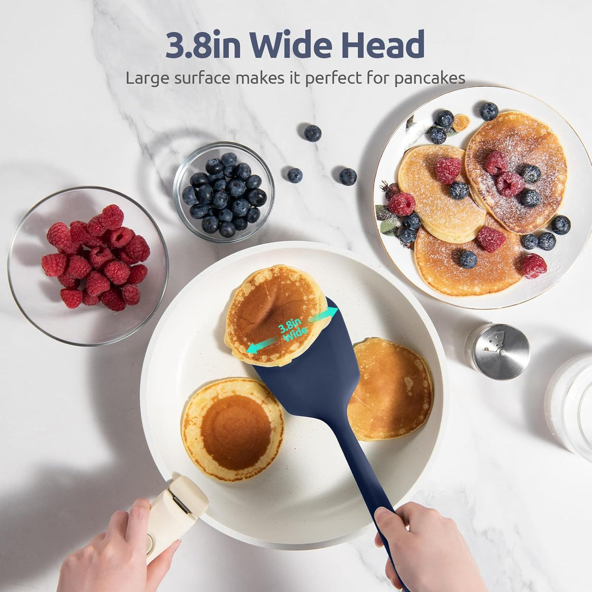 600ºF Heat Resistant Silicone Turners: U-Taste 13.6in Long Solid & Slotted Kitchen Spatula Flipper, Food Grade Wide & Large Flexible Cooking Utensils for Flipping Eggs, Pancakes (Midnight Blue, 2PCS)