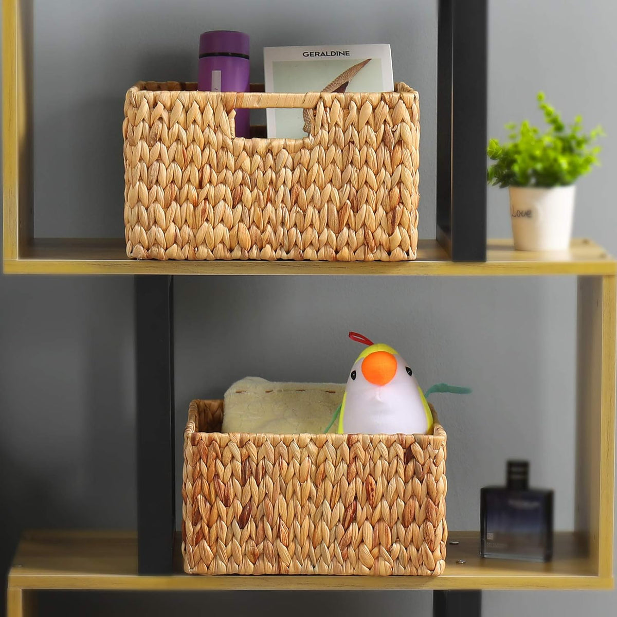 HOONEX Water Hyacinth Storage Baskets for Organizing, Decorative Wicker Baskets with Carrying Handles, Set of 2, Natural