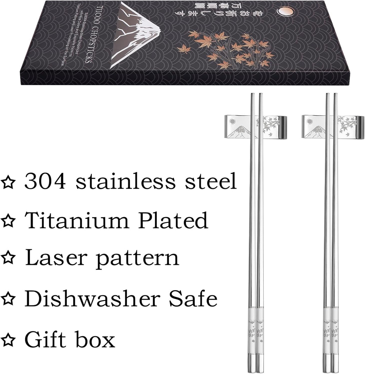 Metal Chopsticks Reusable 2 Pairs Titanium Plated 18/8 Stainless Steel Chopsticks with Holder, Dishwasher Safe Non-Slip Japanese Style Laser Engraved Chop Sticks Gift Set (Silver)