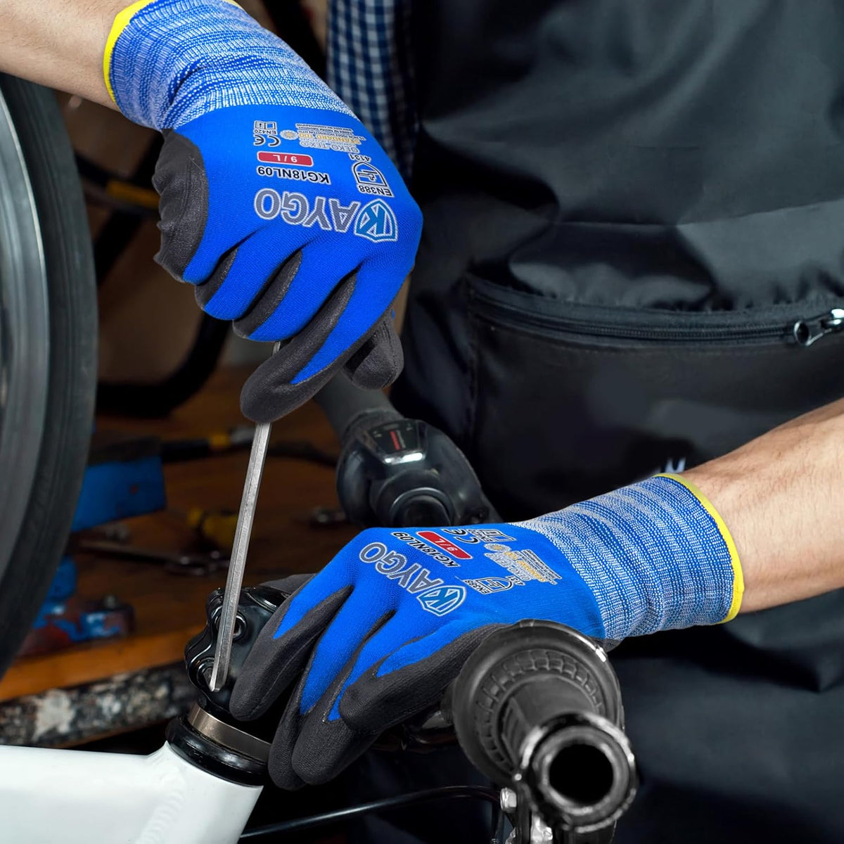 Safety Work Gloves MicroFoam Nitrile Coated-12 Pairs,KAYGO KG18NB,Seamless Knit Nylon Glove with Black Micro-Foam Nitrile Grip,Ideal for General Purpose,Automotive,Home Improvement,Blue