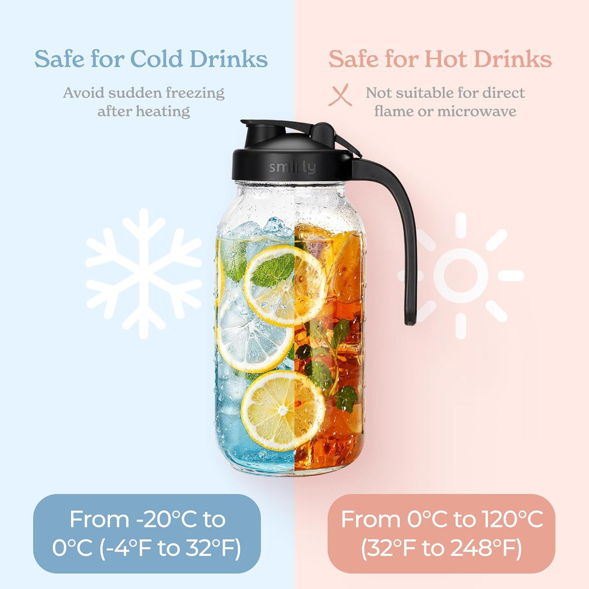 SMIRLY 64 oz Mason Jar Pitcher,Glass Pitcher with Wide Mouth,Water Jug with Double Leak Proof Lid for Iced Coffee,Hot Water,Breast Milk