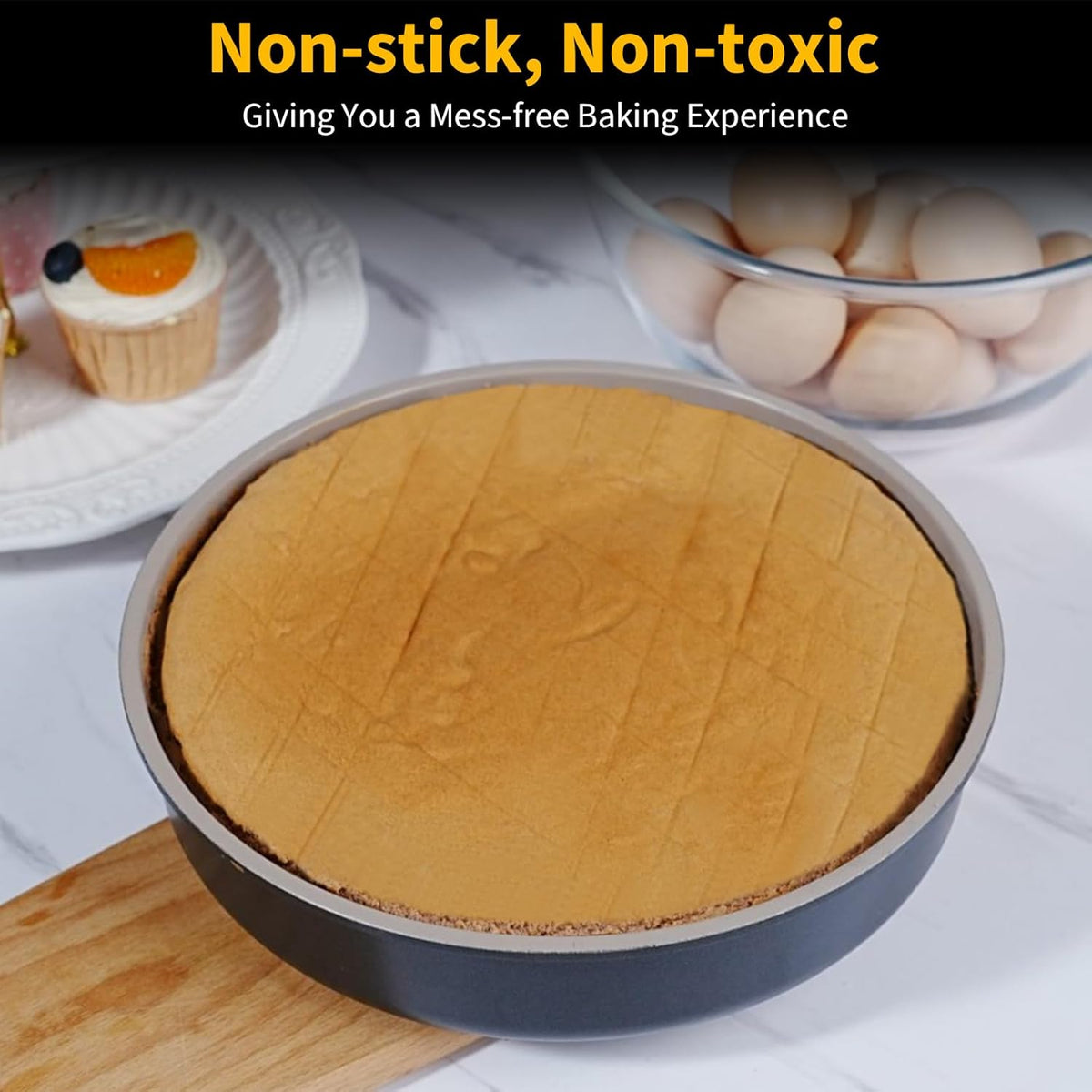 9.5 Inch Round Cake Pan,Cast Aluminum Bakeware Ceramic Nonstick for Cake Baking,Oven and Dishwasher Safe(Black)