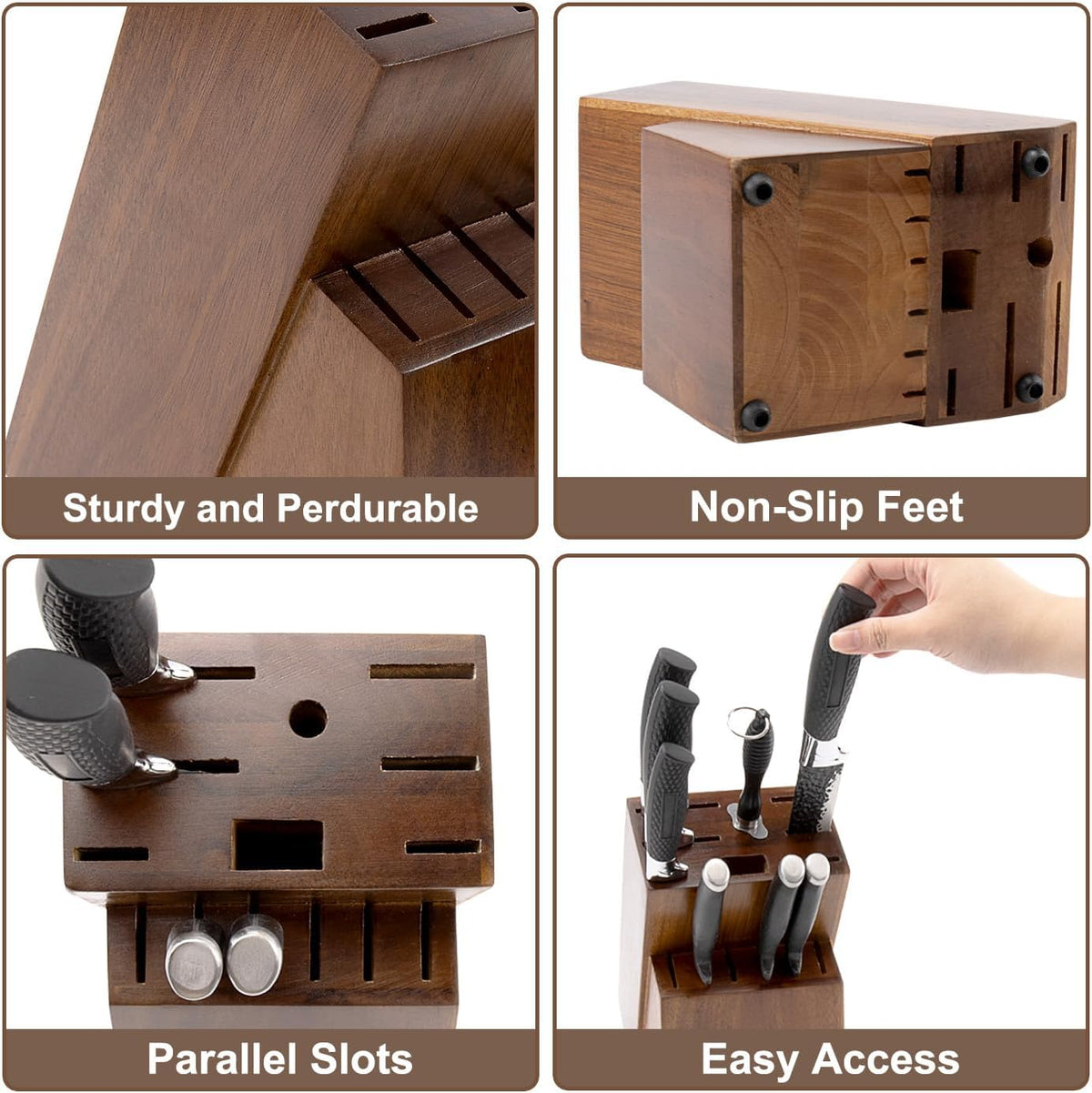 RedCall Universal Knife Block Holder,Large Wood Bamboo Knife Block without Knives,14 Slot Universal Knife Holder Countertop,Butcher Block Knife Storage Organizer for Kitchen (Brown)