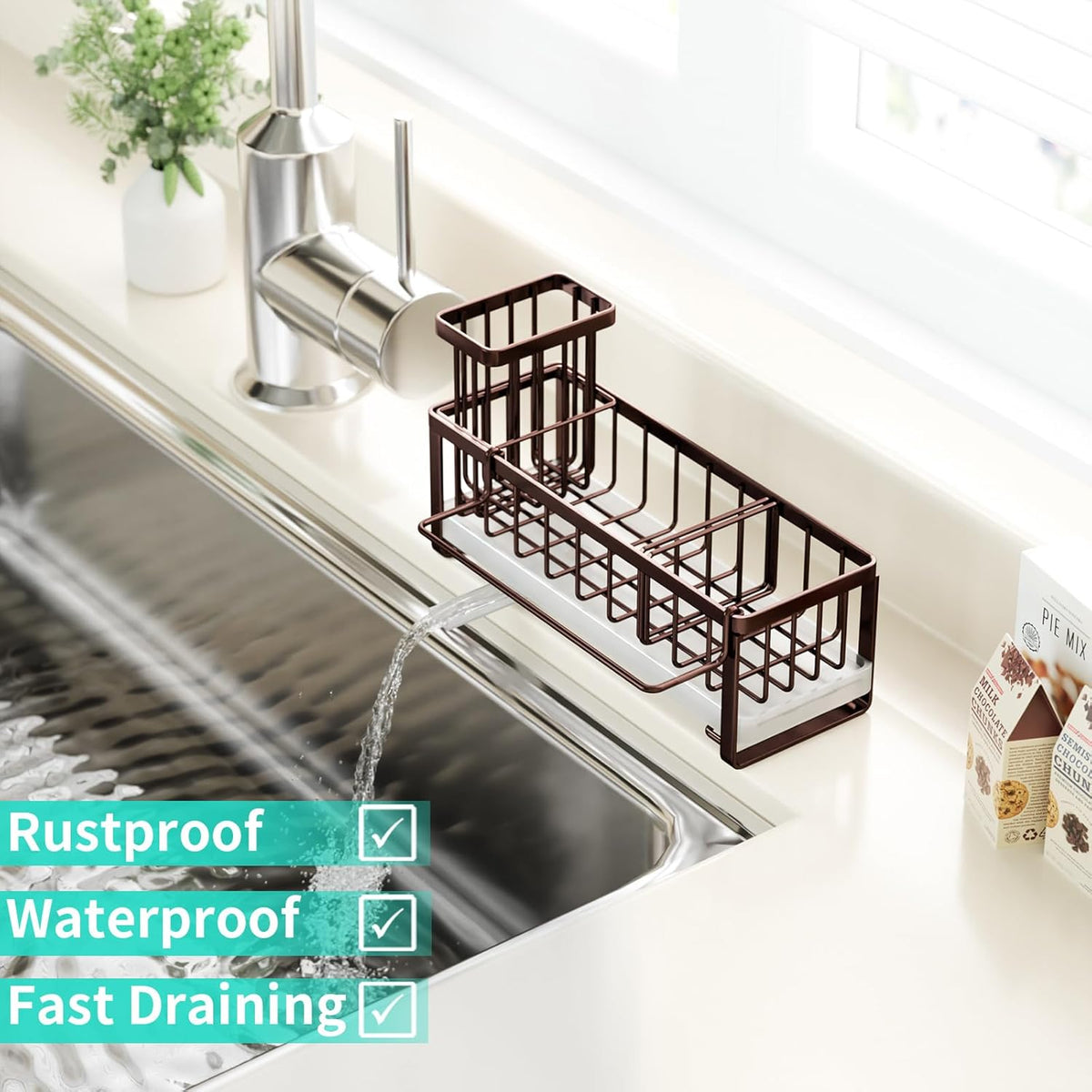 HapiRm Sponge Holder for Kitchen Sink - Self-draining Sink Caddy with Brush and Dishcloth Holders, Stainless Steel Kitchen Organizer for Countertop - Bronze