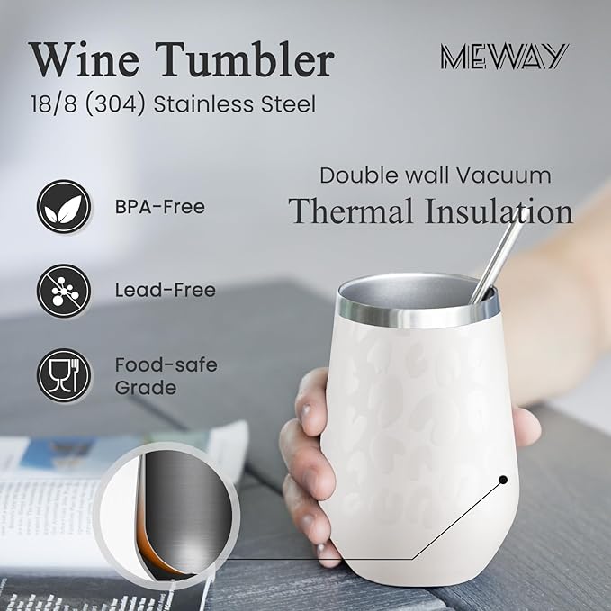 MEWAY 12oz Insulated Wine Tumbler with Press-In Lid, Double Wall Vacuum Stainless Steel Travel Tumbler with Straw,Travel Cup for Coffee and Drinks, Gift for Woman Under 10 dollars(Almond Leopard,1)