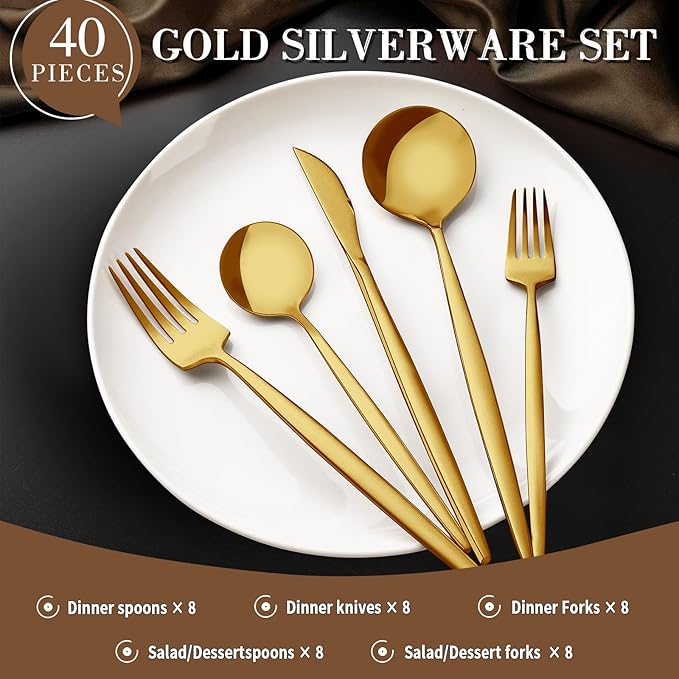 CEKEE Gold Silverware Set, 40 Piece Gold Utensils Set Service for 8, Stainless Steel Flatware Set Include Knives Spoons and Forks Cutlery Set for Kitchen Home Restaurant Wedding, Satin Finish