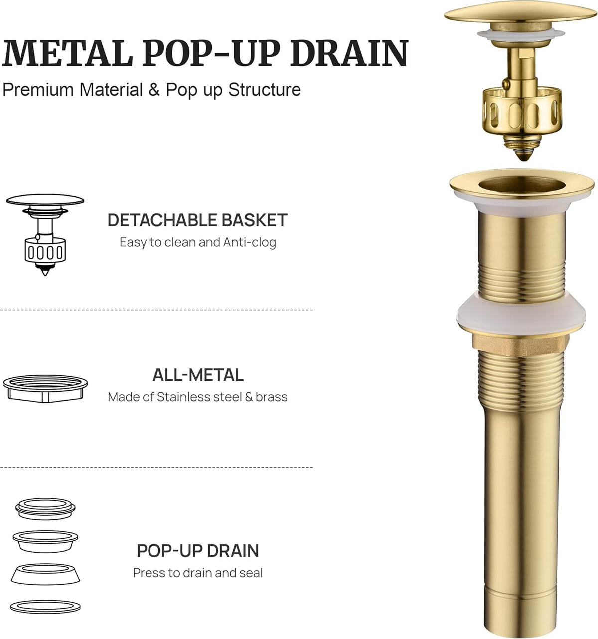 Pop up Sink Drain Stopper Without Overflow Brushed Gold for Bathroom Vessel Vanity Sink Art Basin, Big Cap Sink Drain Without Overflow, Metal Pop-up Drain Strainer with Detachable Basket Stopper
