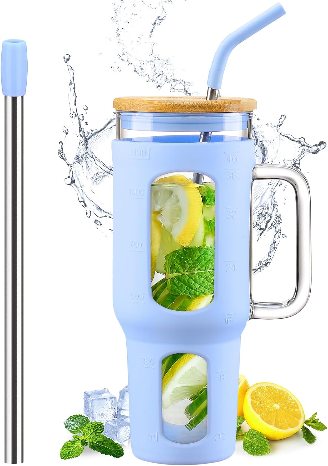 Glass Tumbler with Lid and Straw, 46 oz Iced Coffee Cup with Handle, Large Water Bottles with Silicone Sleeve, Glass Cup with Straws - Pearl Straw & Drinking Straw BPA Free-Glacier