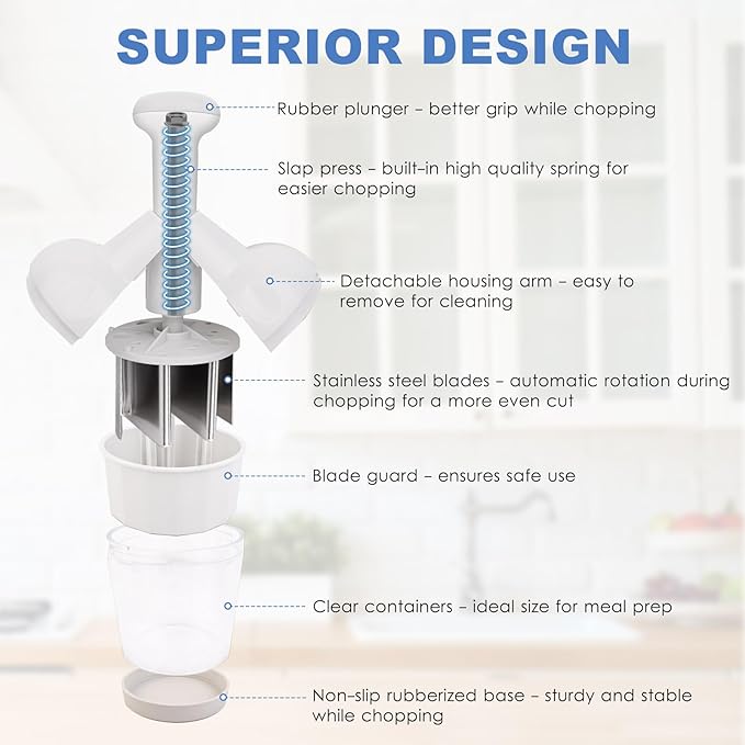 Vegetable Chopper, Food Chopper Manual Hand, Onion, Salad, Garlic, Nut & Veggie Cutter, Dishwasher Safe, White