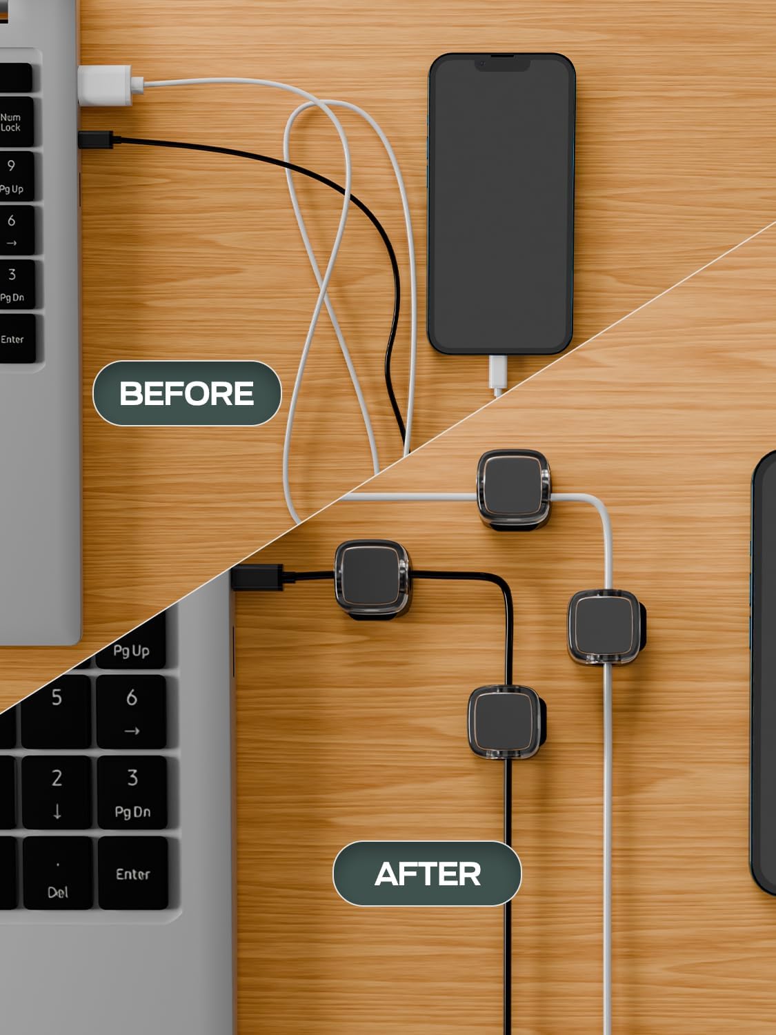 6-Pack Black Magnetic Cord Organizer for Desk, Magnetic Cable Clips with Strong Magnetic Lid, Holds Cables Firmly, 7 mm Cable Organizer & HDMI Cord Holder for Nightstand with Strong Adhesive Pad