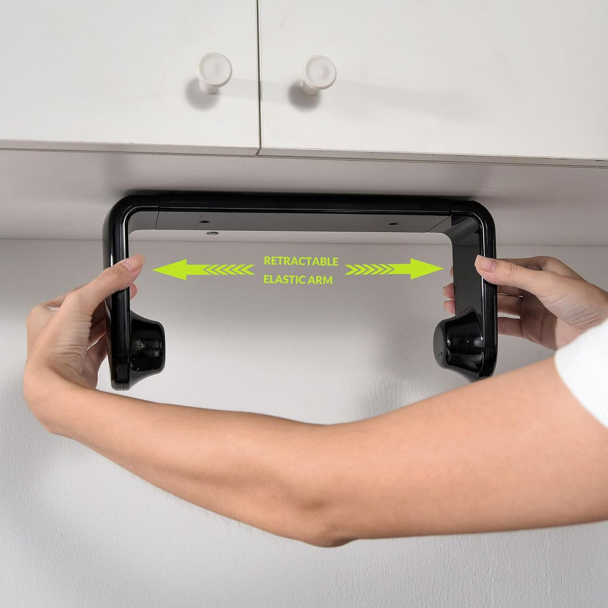 simpletome Paper Towel Holder Under Cabinet or Wall Mount ONE Hand Operation Tension Arm Kitchen Roll Holder (Black, for 24-28cm/9.4-11inches roll)
