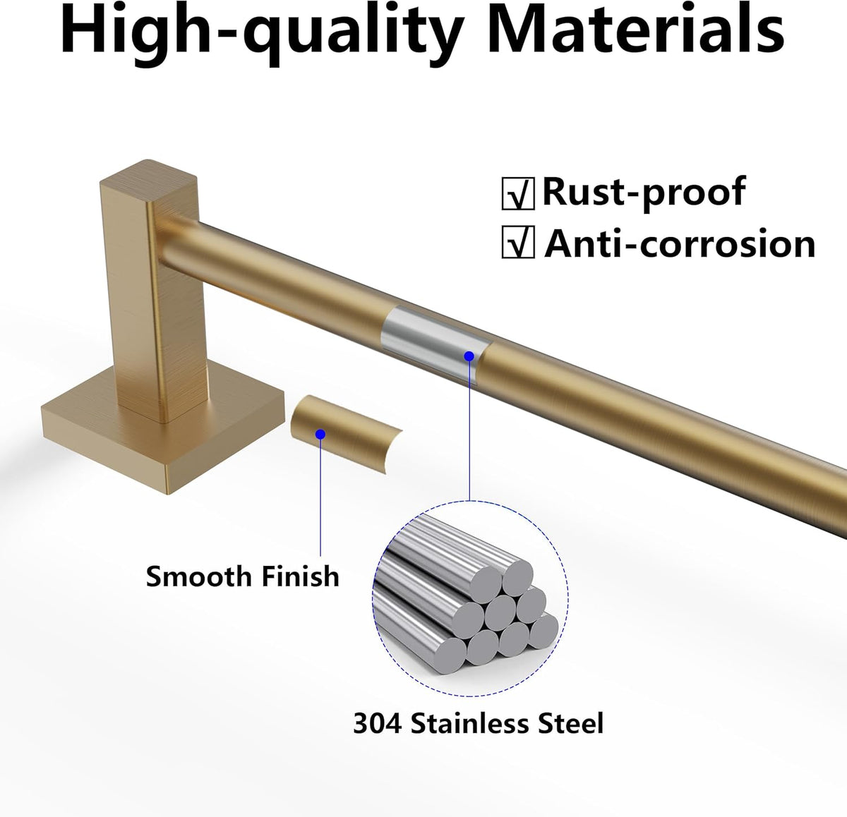 Adjustable Towel Bar, 14.4inch - 25.2inch Towel Rack, Wall Mounted for Bathroom, Kitchen Hand Towel Holder Cloths Hanger SUS 304 Stainless Steel Organizer Single Bar (Gold)