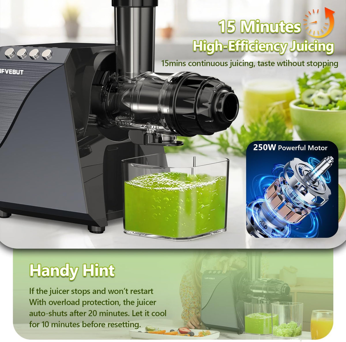 Masticating Fruit Vegetable Juicer Machine, 2-In-1 Electric Juicer Grinder 18 Adjustable Settings for Coffee Bean Nut, 250W Quiet Juicing Machine Cold Press Extractor BPA Free Easy To Clean & Assemble