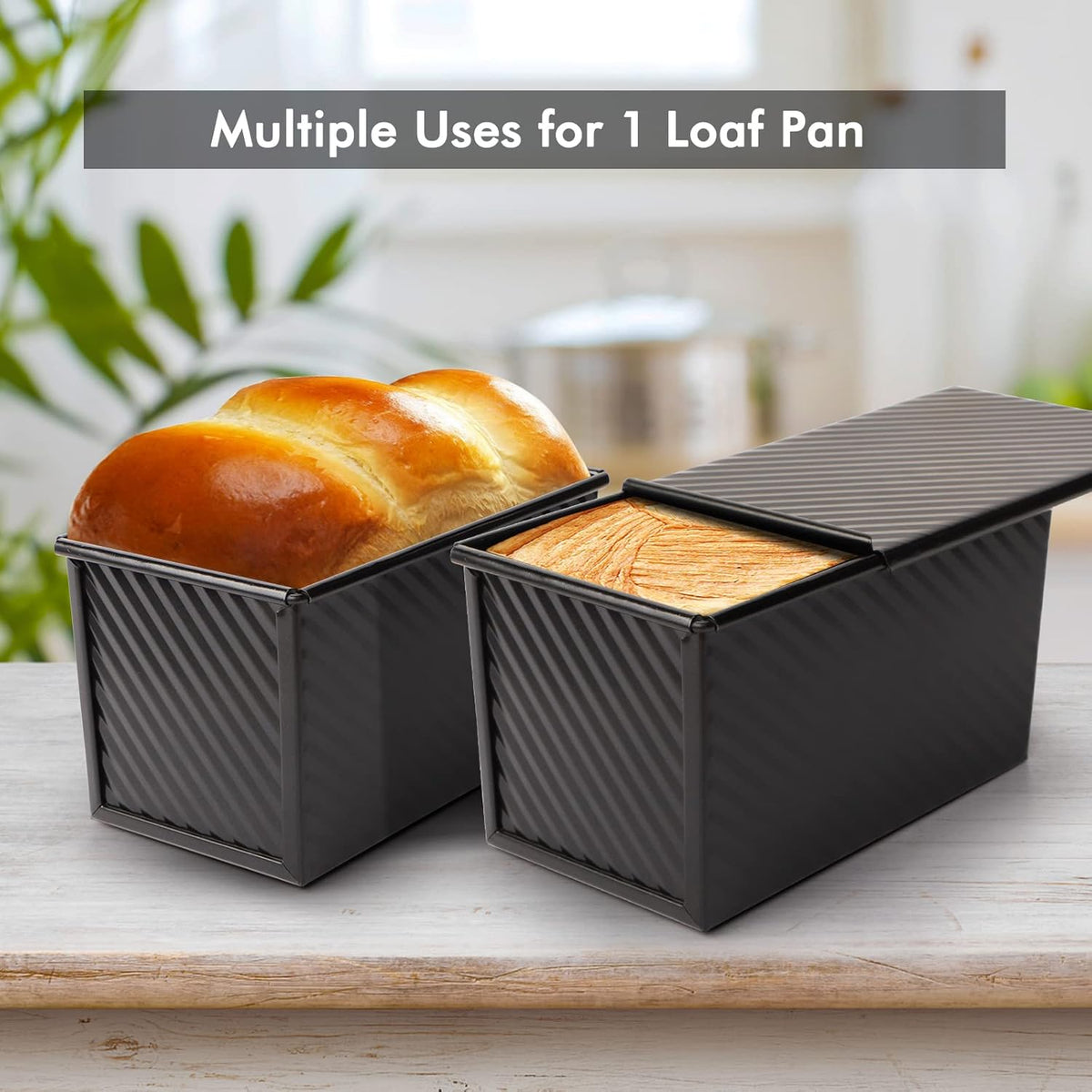 Beasea Pullman Loaf Pan with Lid, 2 Pack 1 lb Non-Stick Black Bread Loaf Pans for Homemade Bread Carbon Steel Toast Box with Cover for Bakeware Toast Oven Baking