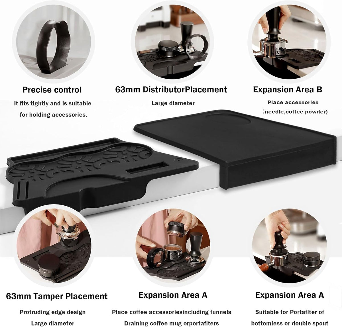 Espresso Tamping Mat - 2PCS Coffee Tamper Mat Food Grade Silicone 6mm Thick Waterproof Heat Resistant Tamp Mat Station for Espresso Machine Accessories, Multi-Use for 51/53/58mm Portafilters Matt