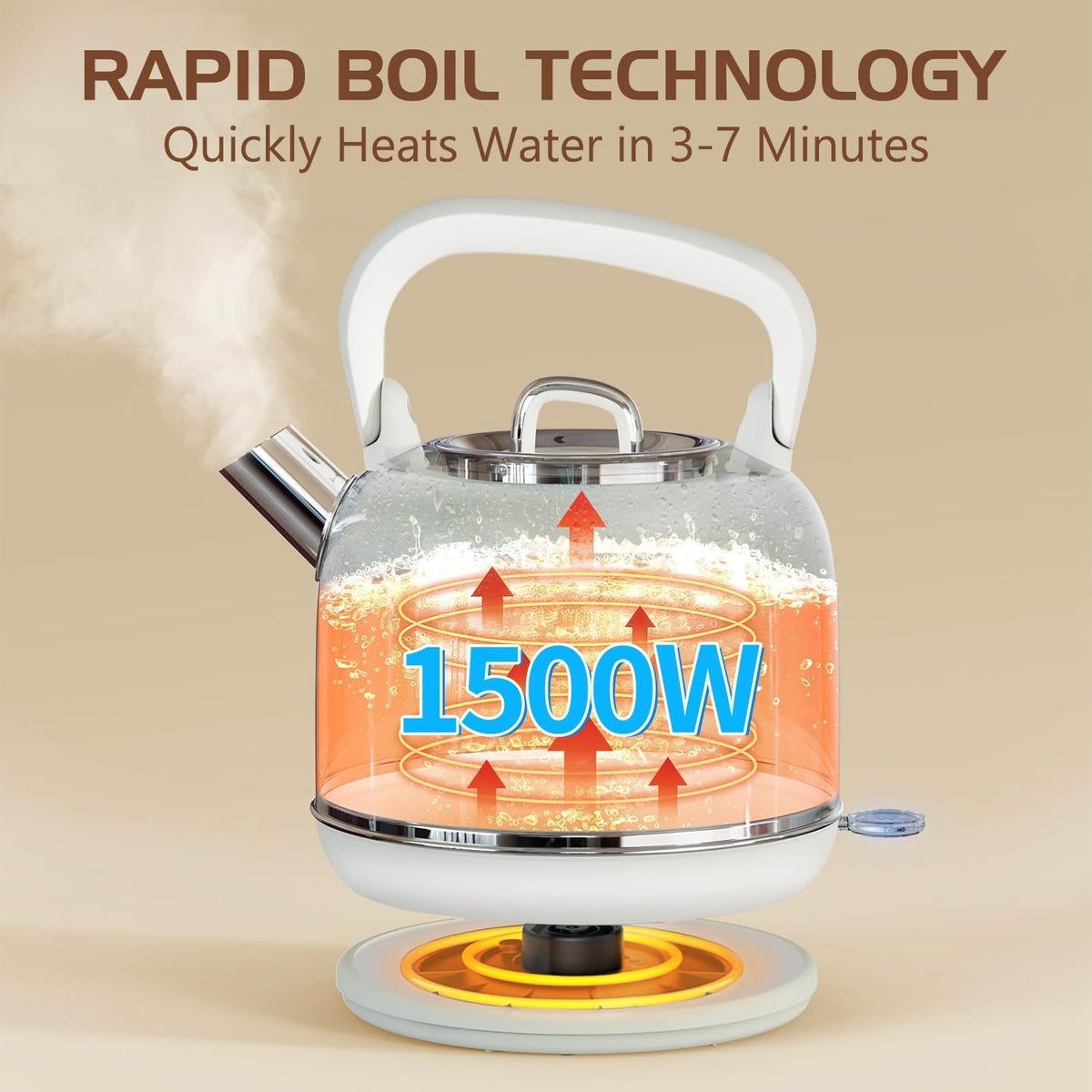 Electric Tea Kettle, 1500W Electric Kettle for Boiling Water, Food Grade Stainless Steel 2L Tea Kettle with Ergonomic Handle, Hot Water Boiler Auto Shut-off, Boil-Dry Protection