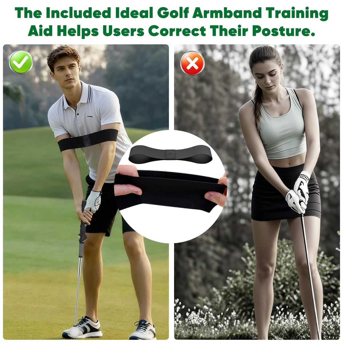Retractable Golf Swing Trainer with Right-Handed Golf Grip Trainer and Arm Band, Click Feedback Training Aid for Grip Correction, Tempo, Rhythm, Release Timing
