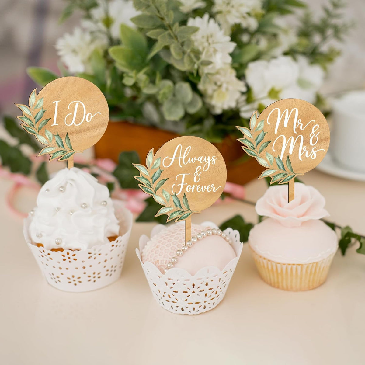 36 PCS Greeny Wedding Cupcake Toppers in Wood Mr & Mrs Engagement Cupcake Decorations