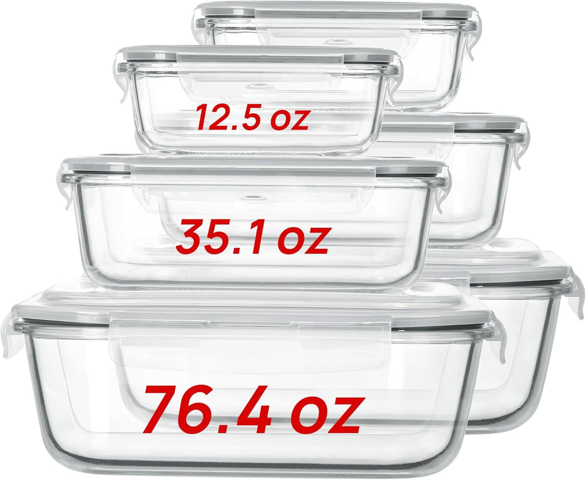 Vtopmart 2.26L/76oz Extra Large Glass Food Storage Containers with Lids, 6 pack Meal Prep Container Set, Airtight Lunch Boxes with Snap Locking Lids for Microwave, Oven, Freezer, Dishwasher