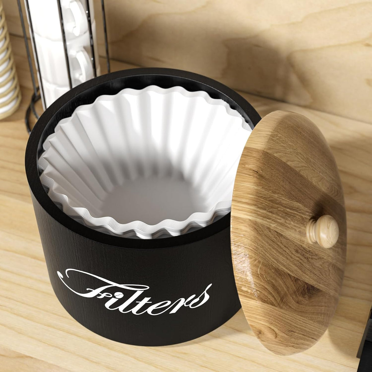 Wooden Coffee Filter Holder, Basket Storage Container for Counter, Black Small Bar Accessories for Coffee Bar Station(Black Wooden)