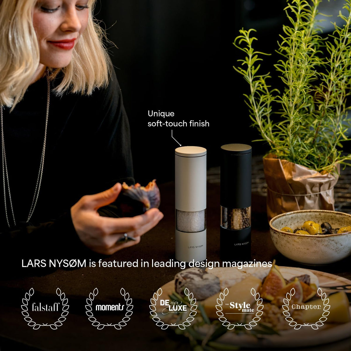 LARS NYSØM Salt and Pepper Grinder Set Manual, Stainless Steel Salt and Pepper Mills with Adjustable Ceramic Grinder I Design Spice Shakers (Creamy Peach)