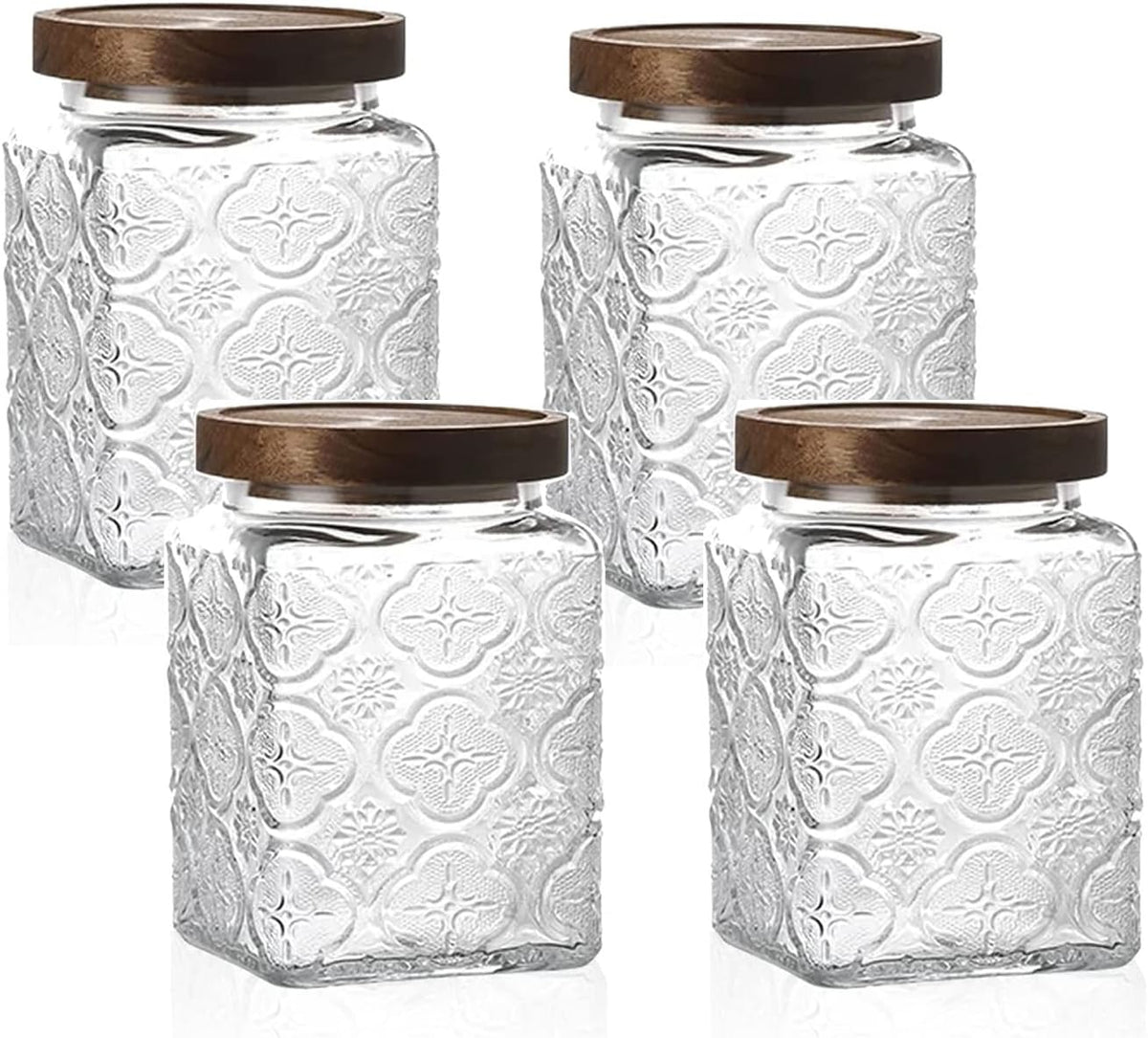 Snminetal Vintage Glass Airtight Storage Jar Set of 4, With Airtight Wood Lid, Kitchen Food Storage Containers,for Kitchen Counter, Pantry, Tea, Sugar,Coffee,Food Storage Jar(Plum pattern)
