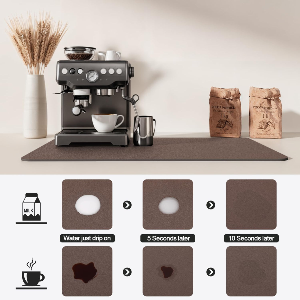 Dish Drying Mat for Kitchen Counter | Coffee Bar Mat for Countertops | Heat Resistant Drainer Mat with Non-slip Rubber Backed | Hide Stain Kitchen Absorbent Draining Mat | Brown 16"x20"