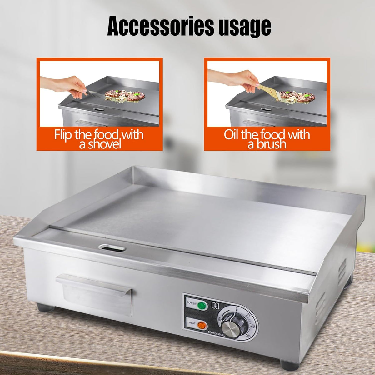 22" Commercial Electric Griddle,Electric Countertop Flat Top Griddle,110V 1600W Electric Flat Top Grill,Non-Stick Restaurant Teppanyaki Stainless Steel Grill,Adjustable Temperature Control