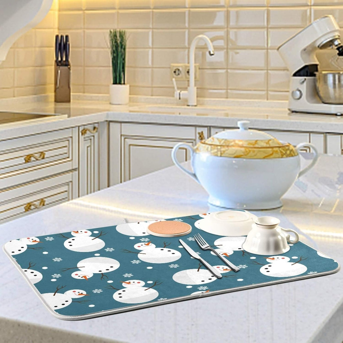 Super Absorbent Dish Drying Mat, Microfiber 23 Fast-Drying Dish Mat, 24" x 18", Kitchen Dish Drying Pad, Snowman Snowflake Cute Christmas Holidays…