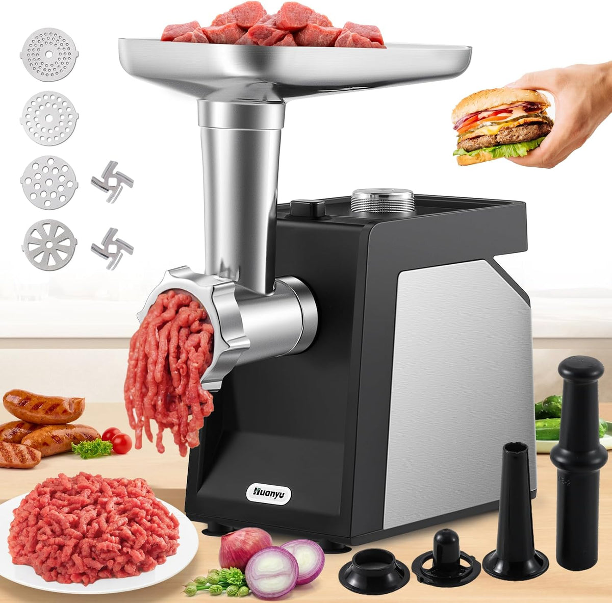 Huanyu Electric Meat Grinder for Home Use, Quiet for Apartment Cooking, Process Beef & Venison in 90s, Sausage Kubbe Prep Kit 110v