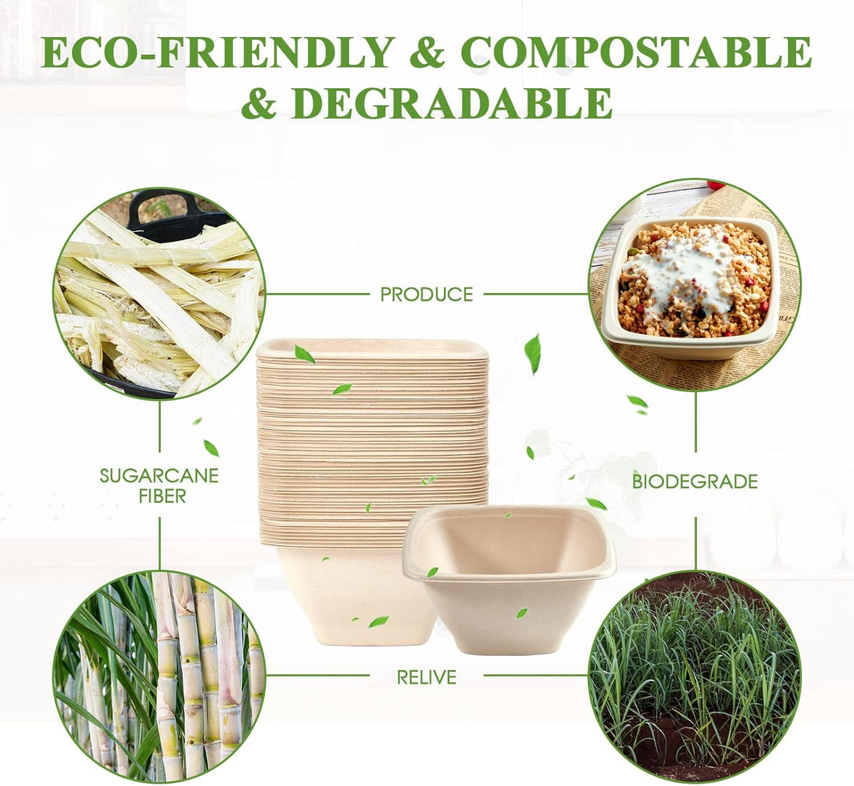 Vplus 100 Pack 42 OZ Paper Bowls Bulk, Square Disposable and Compostable, Eco-friendly Bagasse, Heavy-duty Bowls Perfect for Milk Cereals, Snacks, Salads