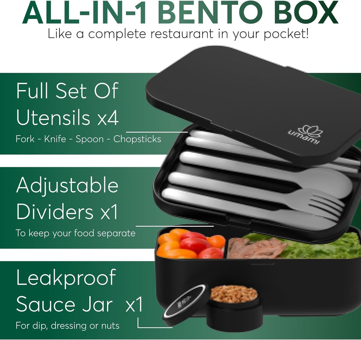 Umami Bento Box Adult All-in-1 w/ 4 Utensils, 100% Leakproof, Dishwasher & Microwave Safe Lunch Containers for Adults w/ 4 Compartments, Black, 34 oz