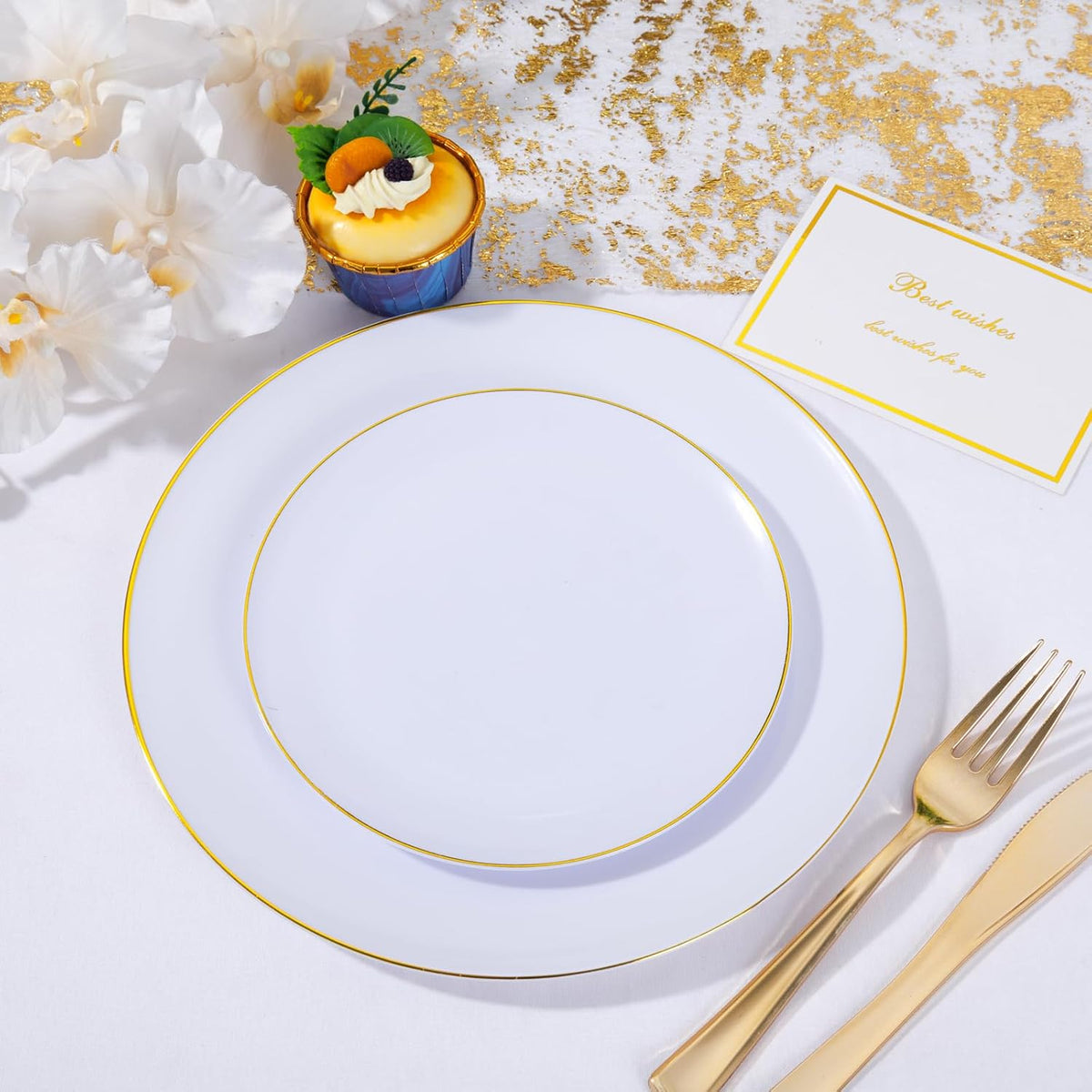 KIRE 200PCS Gold Plastic Plates - Disposable Plates for Party - White Plastic Plates with Gold Rim Include 100 for Dinner and 100 for Dessert/Salad in Wedding